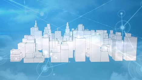 animation of network of connections over cityscape on blue background