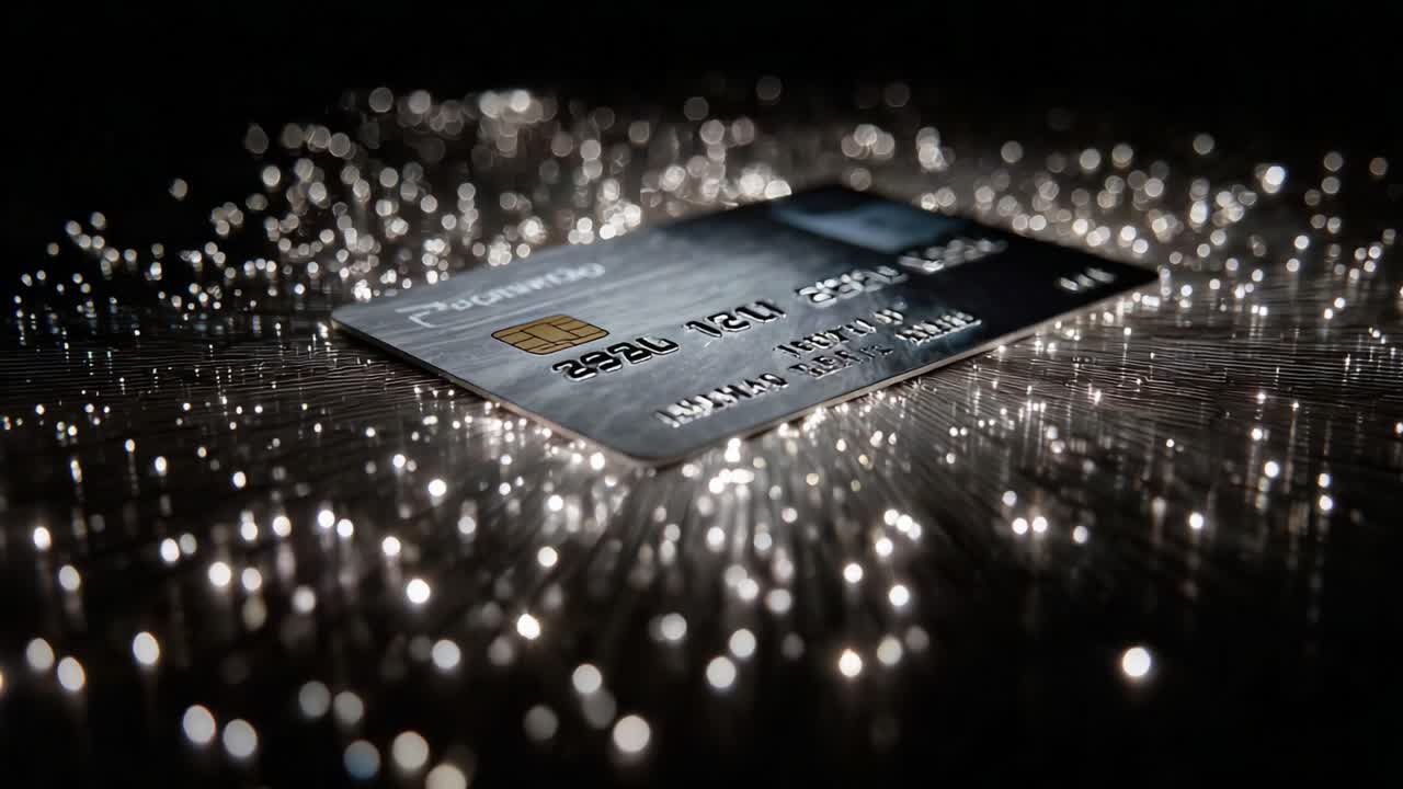 Futuristic credit card laying on a bed of glowing fiber optics, symbolizing the digital revolution of money, online transactions, global finance, and the speed of modern electronic payments