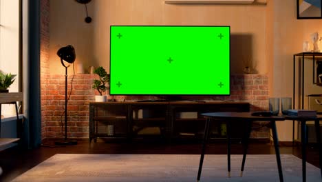 stylish loft apartment interior with tv set with green screen mock up display standing on television stand. empty living room at home with chroma key placeholder on monitor. zoom out sunset warm shot.
