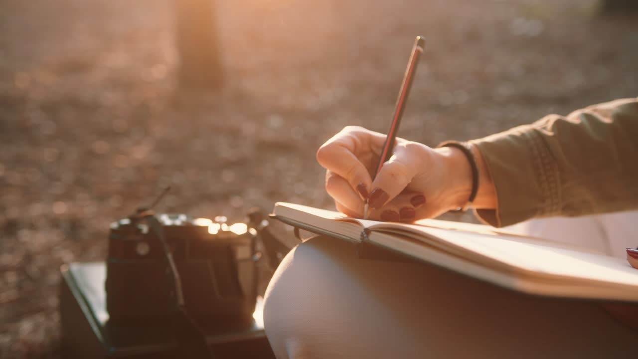 Woman's Hand Notebook in Nature at Sunset, close up shot, Handheld