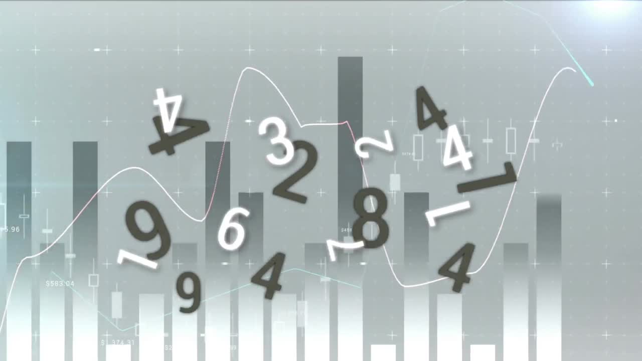 animación de números cambiantes y gráficos múltiples sobre las llamaradas de la lente contra un fondo gris