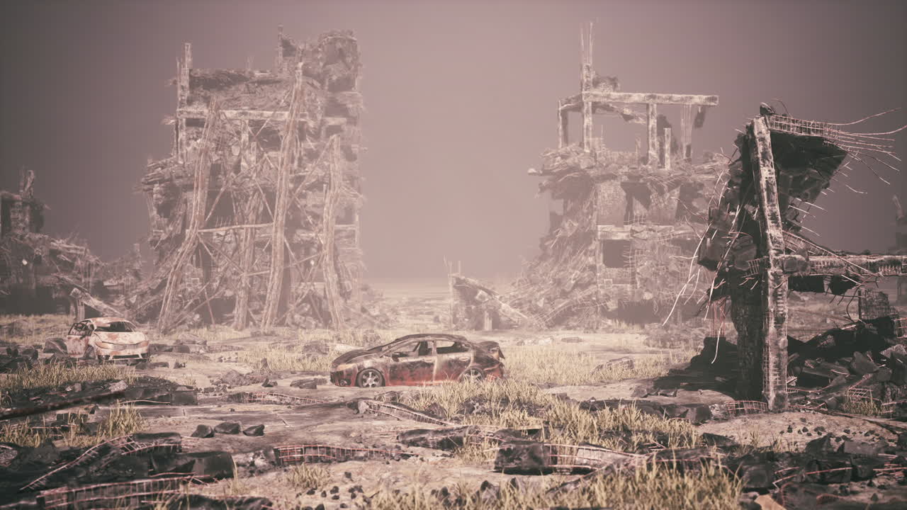 Amidst the ruins of a once thriving city remnants of buildings lay in piles