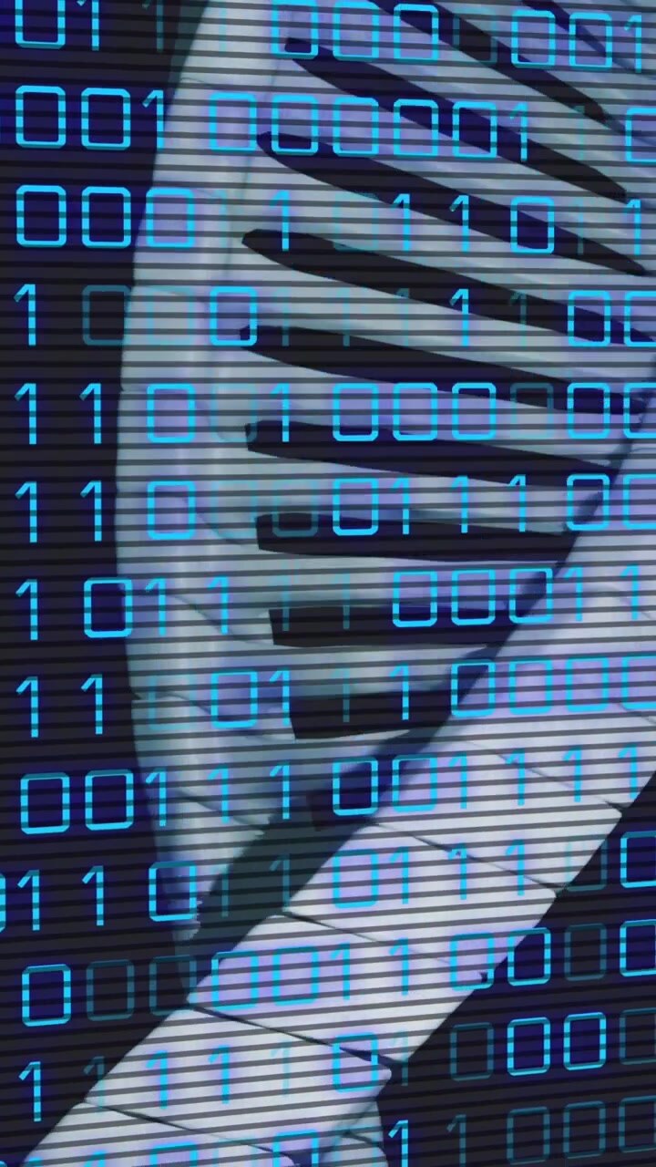 Animation of data processing over dna strand on black background