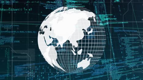 animation of globe rotating over data processing in blue and black space