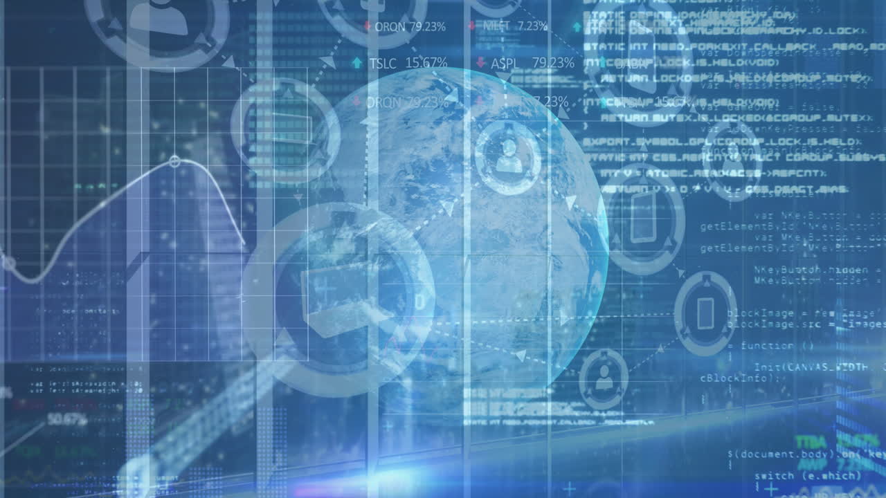 animación de iconos tecnológicos conectados con datos e información en movimiento sobre el giro del globo