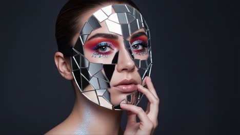stunning transformations: a captivating beauty portrait series featuring a model with a brilliantly reflective mosaic mask and striking makeup