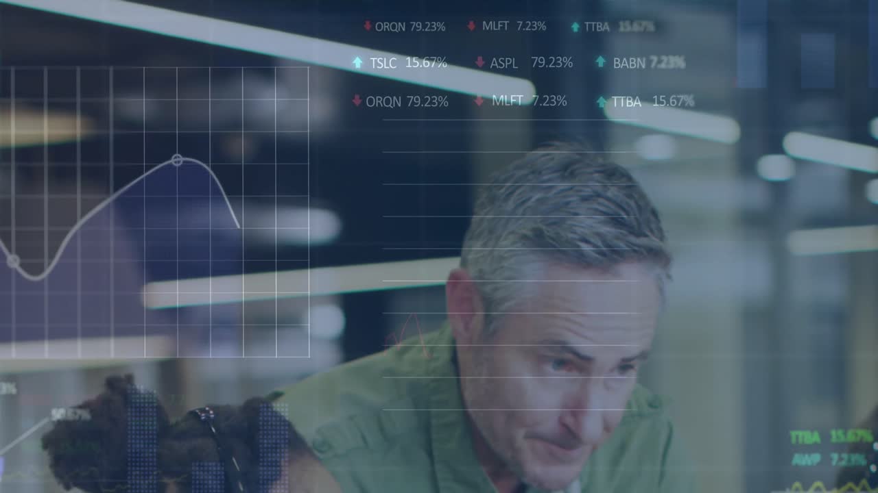 Animation of stock market data processing against diverse man and woman discussing at office