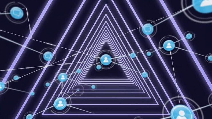 Network of profile icons against neon blue glowing triangular tunnel on black background