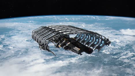 futuristic spaceship departing from space dock in orbit of planet earth