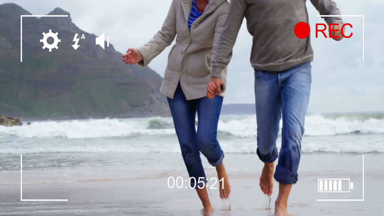 해변에서 달리는 커플, 손을 잡고, 영상 촬영 애니메이션