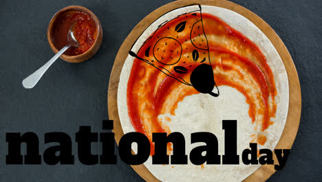 animation of pizza icon and national pizza day text over fresh pizza