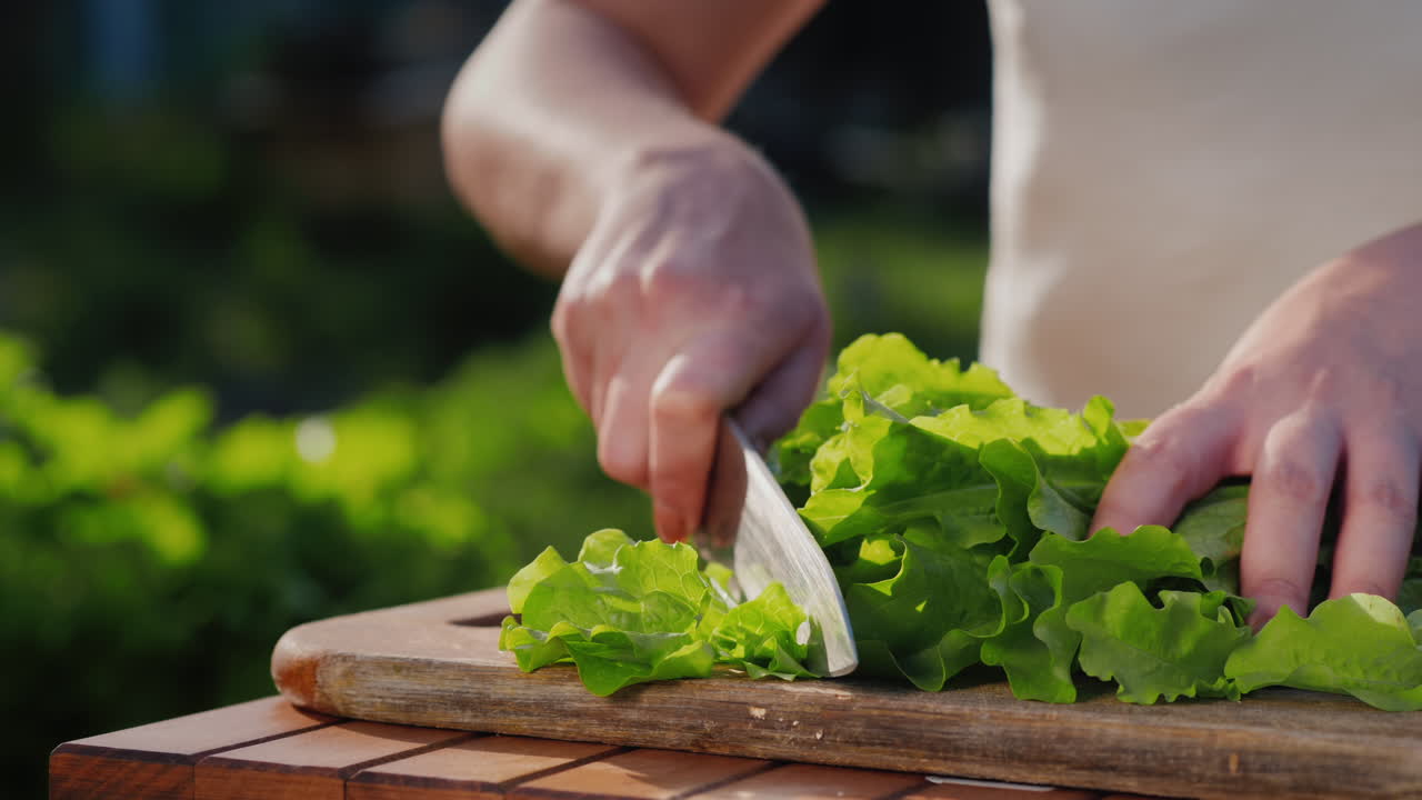 una mujer corta una ensalada en el fondo de su pequeño huerto con hierbas