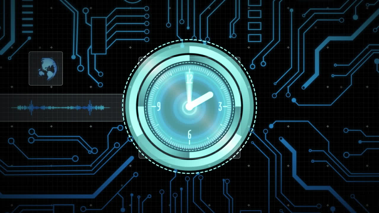 Animation of data processing with scope scanning with clock on black background