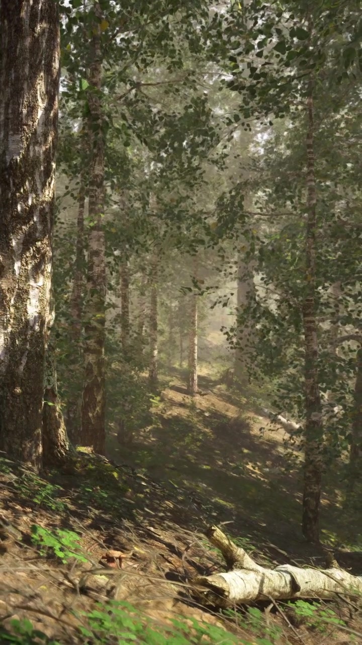 Sentiero attraverso una foresta con alberi e tronchi caduti con luce naturale