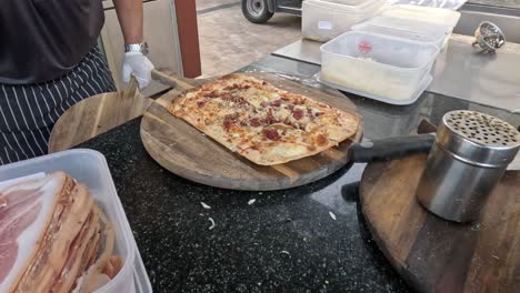 sequence of pizza making from topping to baking.