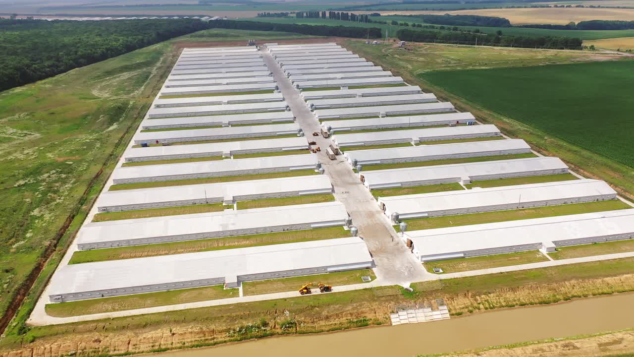 Farm of modern agricultural business approach. Two rows of modern buildings for farming outdoors. Aerial view.