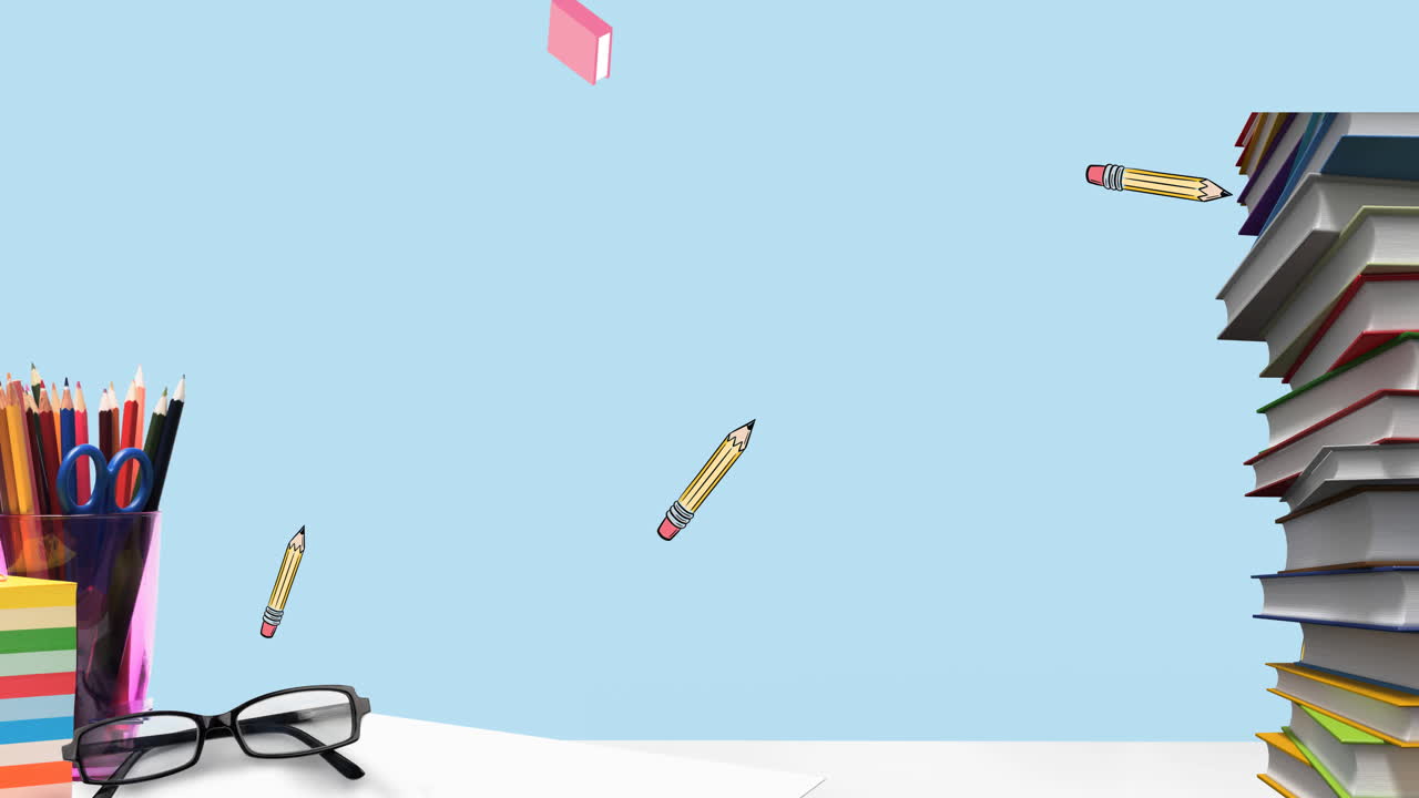 파란색 배경 에 있는 책 과 사무실 용품 의 애니메이션