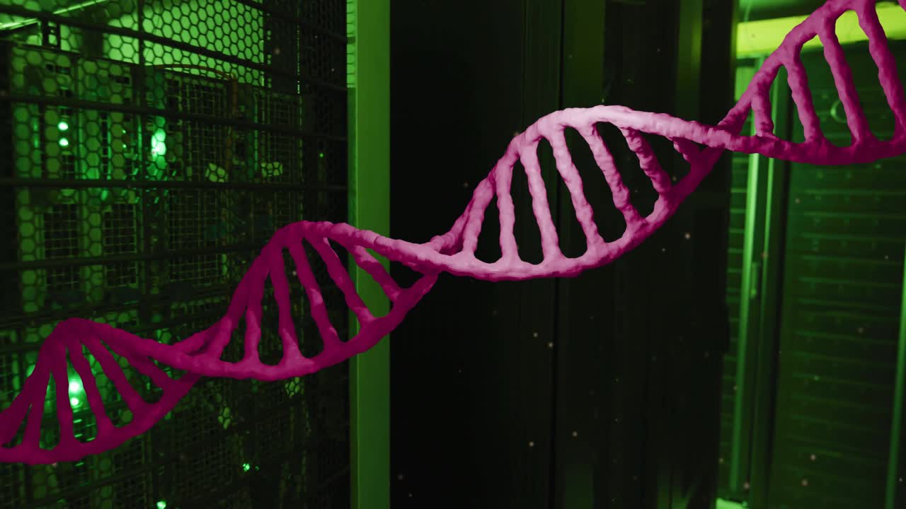 Animation of pink dna strand moving over dark computer server room