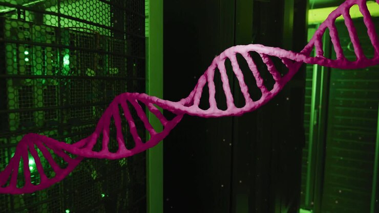 Animation of pink dna strand moving over dark computer server room