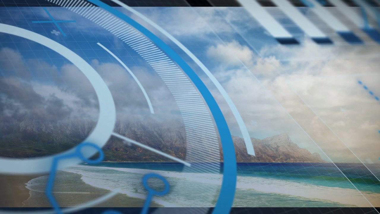 Blue HUD entering from left, translating and rotating, revealing rings and forming overlay on coast