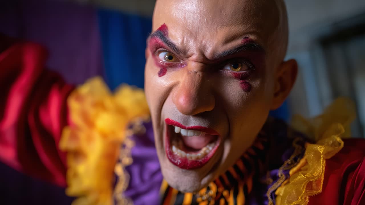 Performance intensa di un clown: momenti drammatici e coinvolgenti di un clown inquietante che esprime emozioni con trucco vivace e costume colorato in un'atmosfera luminosa e agghiacciante