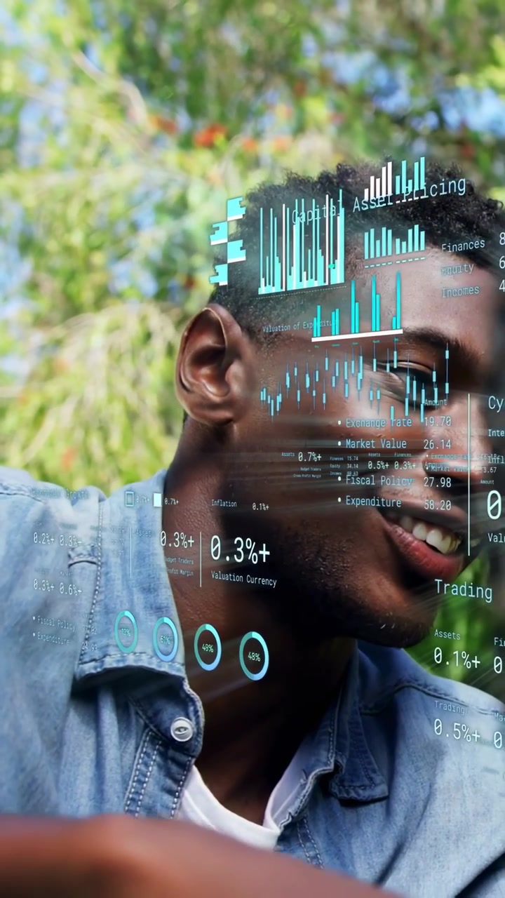 Vertical video: Man reaching past bike spokes into tech overlay, moving graphs, checking ride data