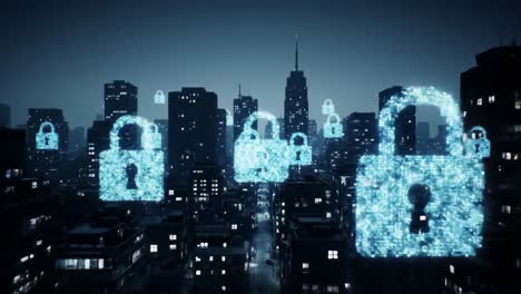 a futuristic cityscape with digital lock symbols representing cybersecurity and data protection over a glittering urban night background
