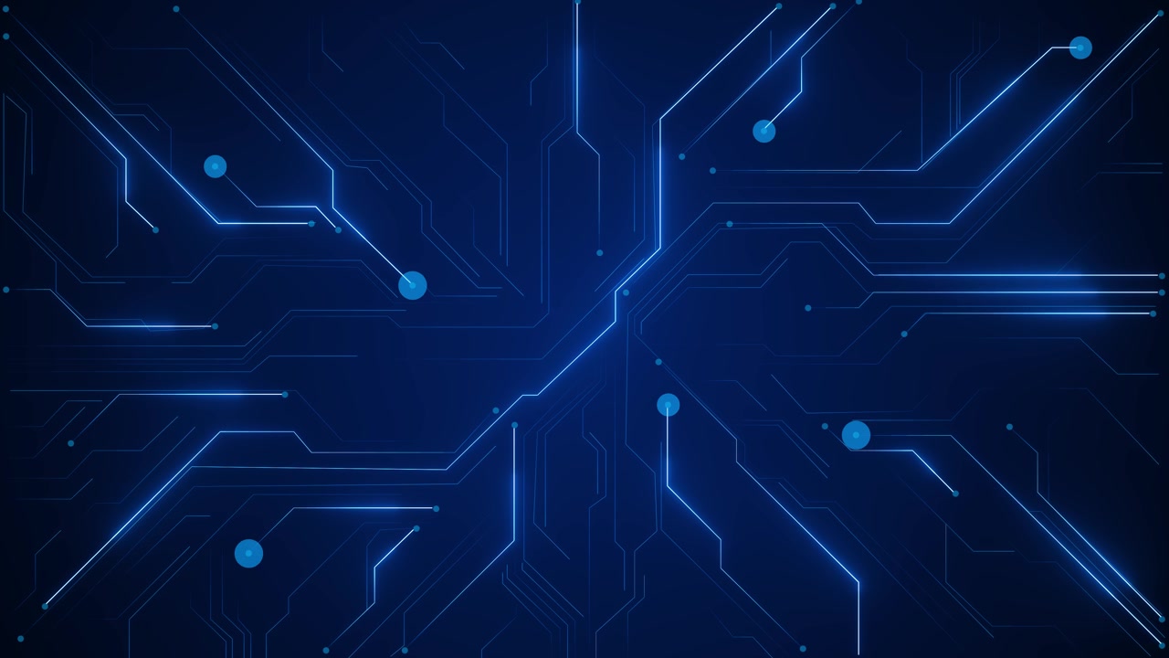 Blue circuit technology background with glowing electronic traces digital nodes dark board texture