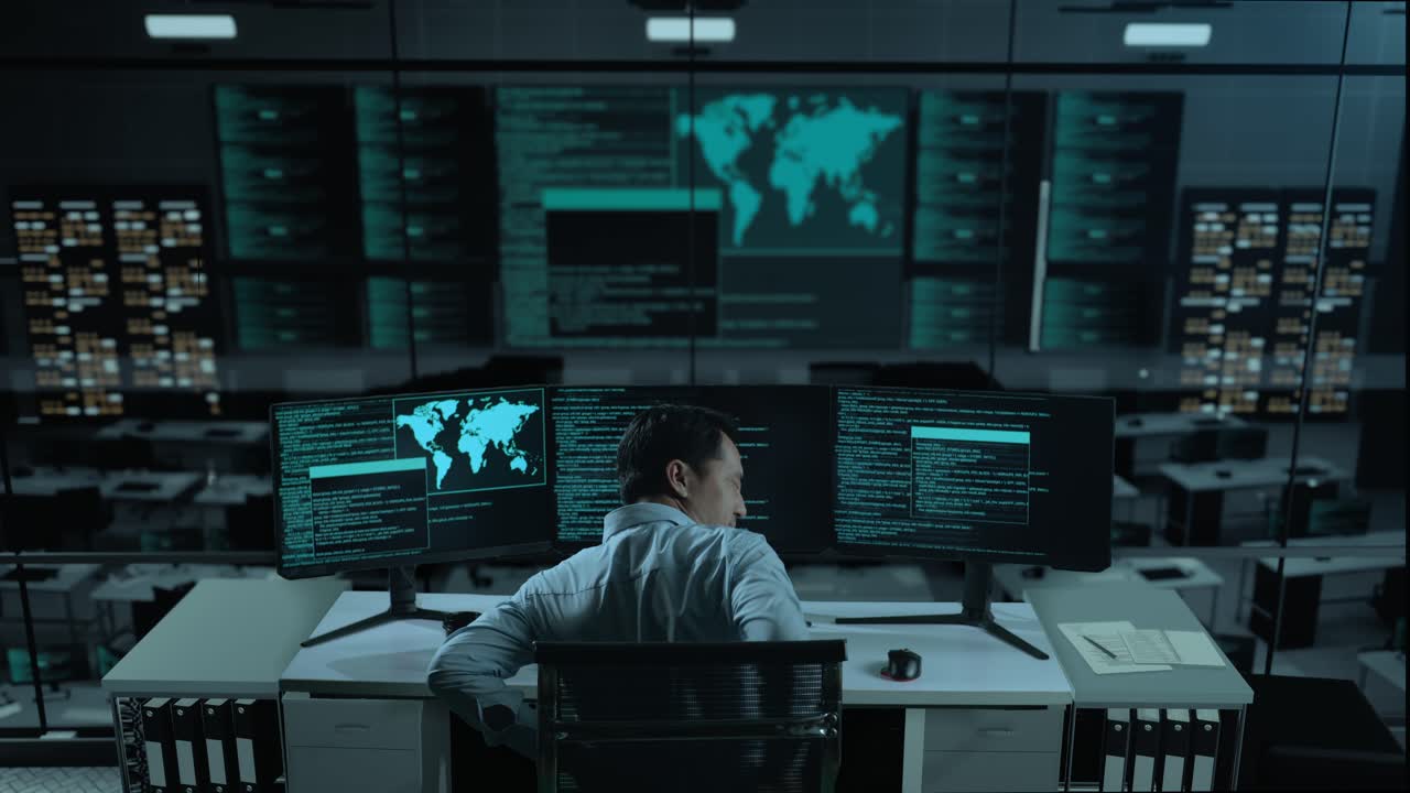 Back View Of Asian Man Developer Having Backache While Write Code With Multiple Computer Screens In The Office