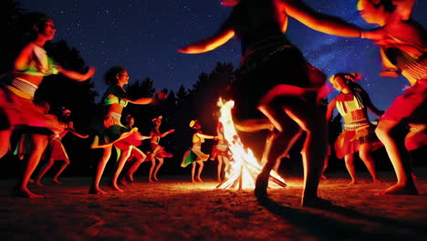 children dancing around a bonfire under the stars