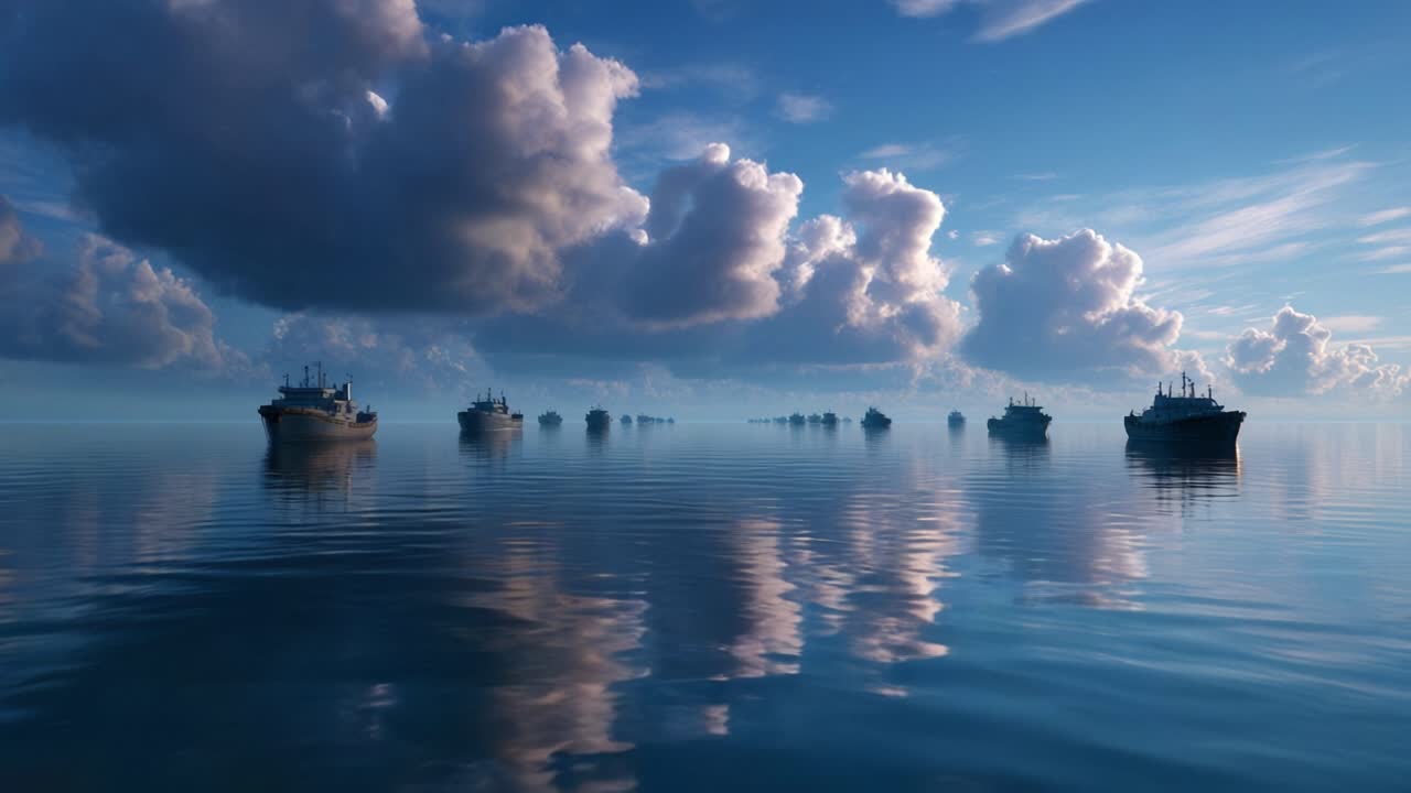 Kapal kargo besar mengapung tenang melintasi perairan laut berkabut yang luas. Cahaya pagi yang lembut memantul dari ombak yang tenang. Langit menampilkan awan dramatis dan berbulu yang menciptakan bayangan tenteram.