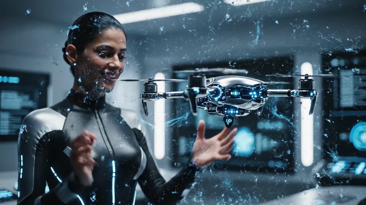 Futuristic Woman Controlling Technology and Drones
