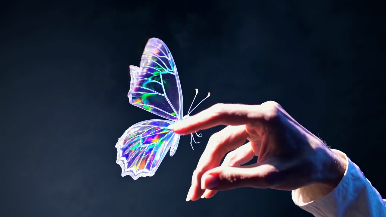 Ein lebhaft leuchtender, irisierender Schmetterling vor dunklem Hintergrund, in einer Seitenansicht aufgenommen.