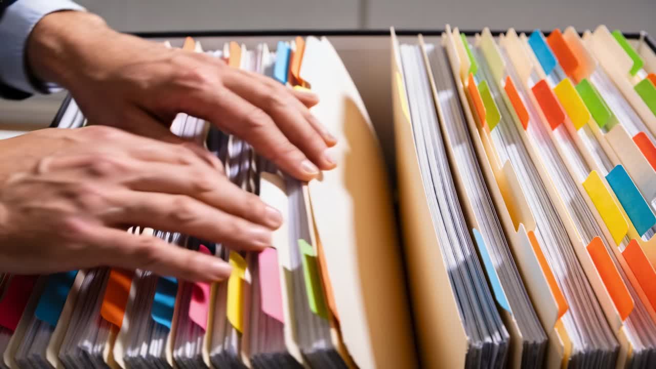 Ruce v manžetách obleku prolistovávají závěsné složky v kartotéční zásuvce, hledají podle barevných záložek.
