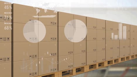 animation of statistics processing over cardboard boxes on conveyor belt in background