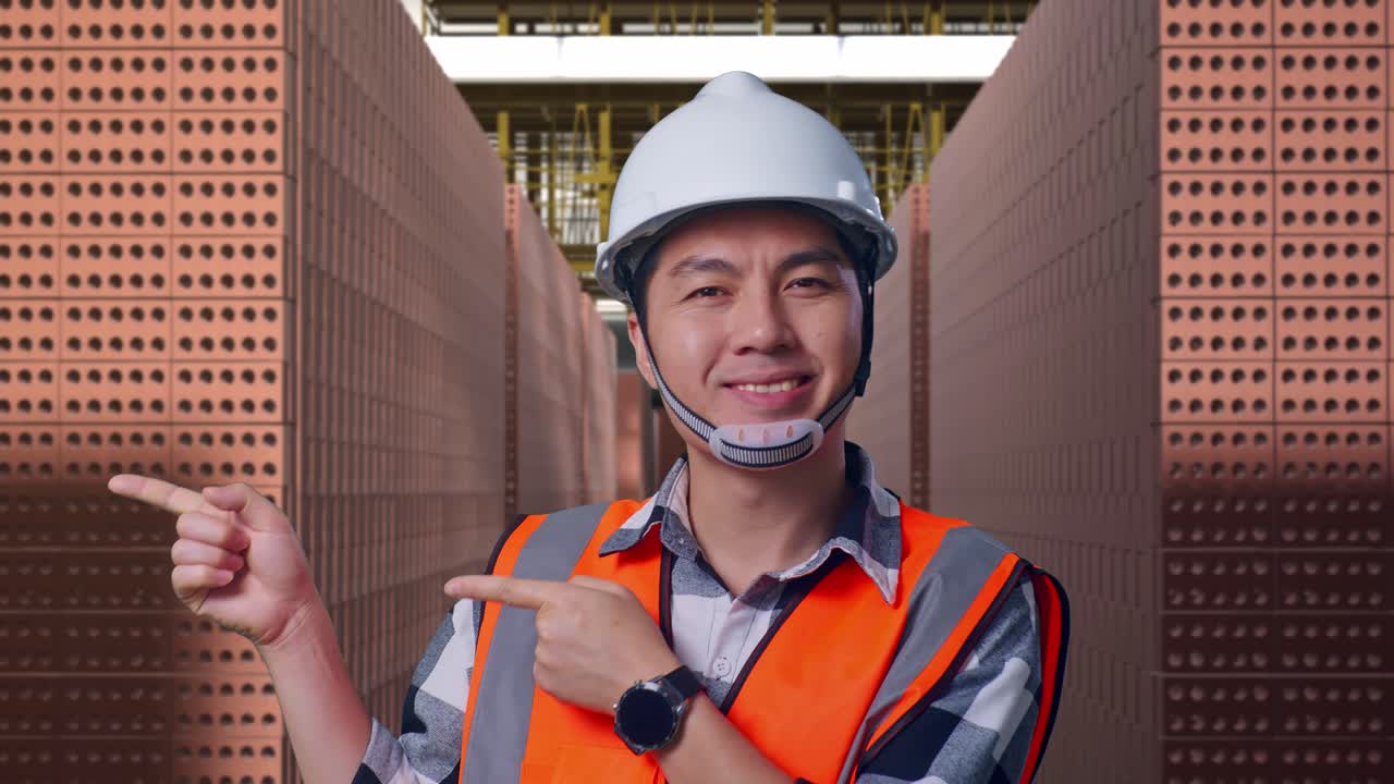 Close Up Of Asian Male Engineer With Safety Helmet Smiling And Pointing To Side While Standing With Red Brick Packed in Stacks Are Stored