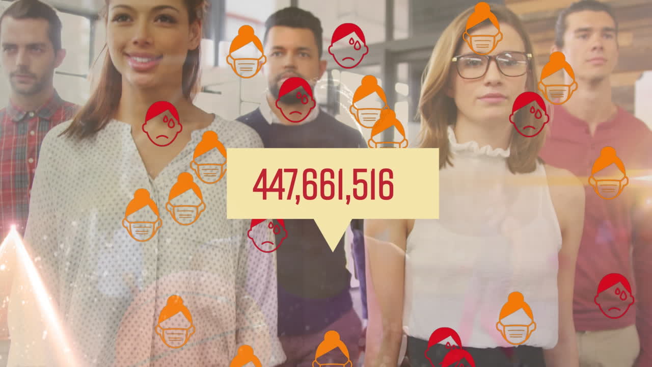 анимация обработки данных о ковид-19 и иконы, носящие маски для лица над бизнесменами