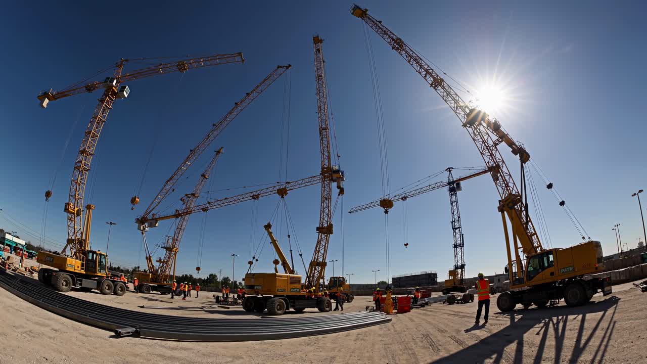 Fisheye view of a construction site with towering cranes under a clear sky, capturing the scale