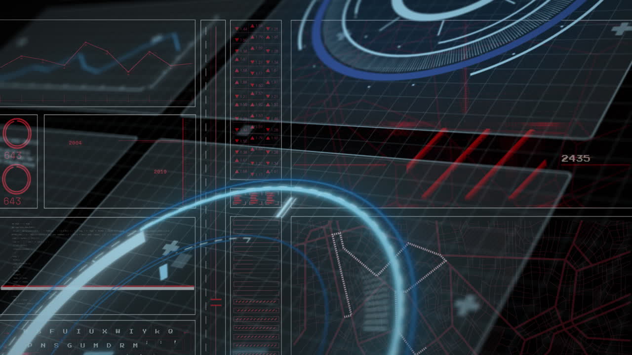 Animation of interface with round scanner and data processing against black background