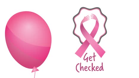 animation of flying pink balloon over pink ribbon logo and breast cancer text