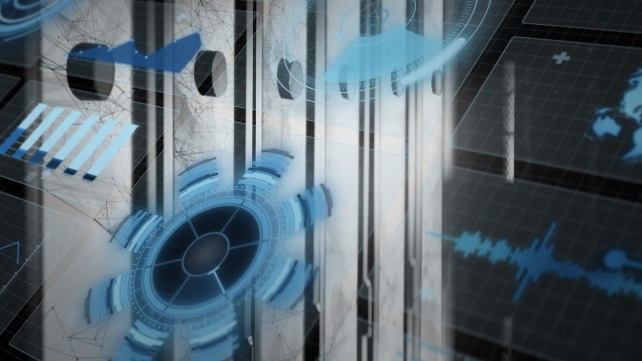 HUD glyphs appearing, rotor growing and spinning, bars sliding, grid showing globe, forming tech UI