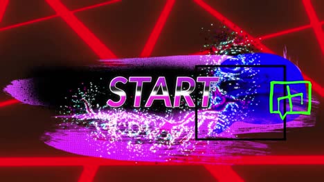 animation of start text banner over abstract shapes against neon stripes on red background