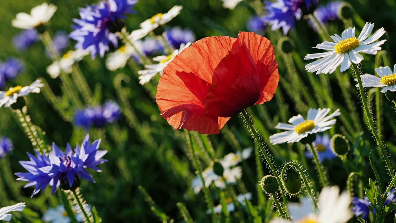 Nærbilde fra lav vinkel av markblomster på en solrik eng, som fanger en levende, naturlig scene