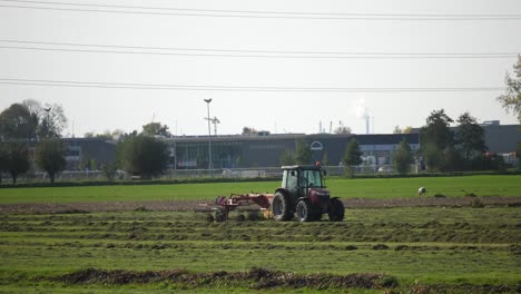 Ein-Roter-Traktor-Fährt-Und-Sammelt-Ernten-Auf-Dem-Grünen-Feld-Mit-Schafen-Im-Hintergrund-Und-Stromkabeln-Darüber