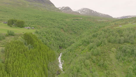 Forested-Valley-With-Flowing-Mountain-River-Near-Aurlandsvangen-In-Aurland,-Vestland-County,-Norway