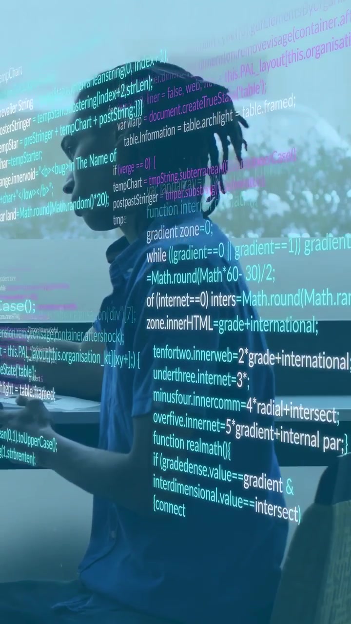 Vertical video: Dev typing by window causing code overlay growing over torso to fill frame for demo