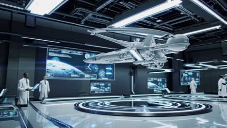 futuristic aircraft in high-tech control room