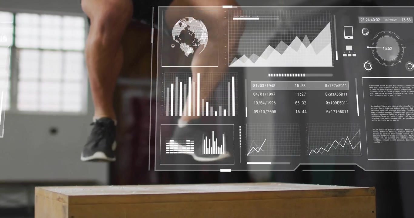 Man taking short run and performing explosive box jumps in fitness gym, HUD charts tracking power
