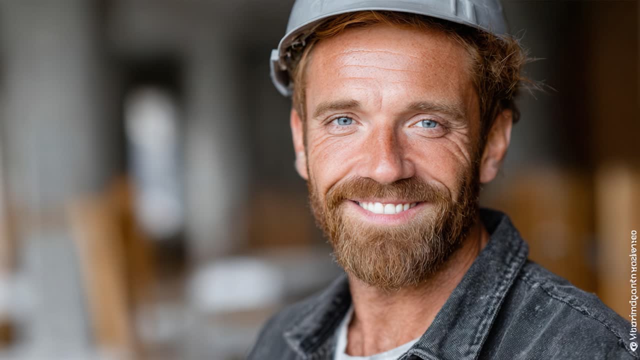 A cheerful construction worker wears a safety helmet while smiling warmly at the camera, showcasing the dedication and professionalism found within the construction industry