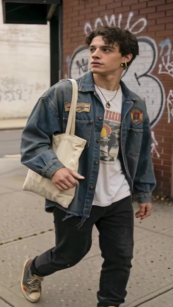 Video verticale: Uomo che entra nell'inquadratura, camminando su un marciapiede graffitato, con giacca di jeans, mentre sistema una borsa a tracolla